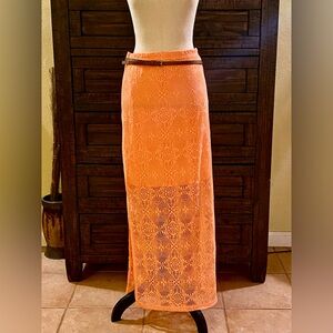 Bobbie Brooks Peach Crochet Belted Maxi Skirt NWT